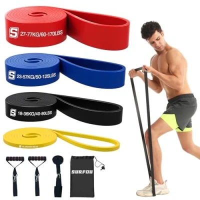 Imagen de SURFOU Gomas Elasticas Musculacion 4 Niveles,Bandas de Resistencia con Anclaje para Puerta, 2 Asas, Bolsa y Guía, Estiramiento, Yoga, Pilates Entrenamiento Fuerza