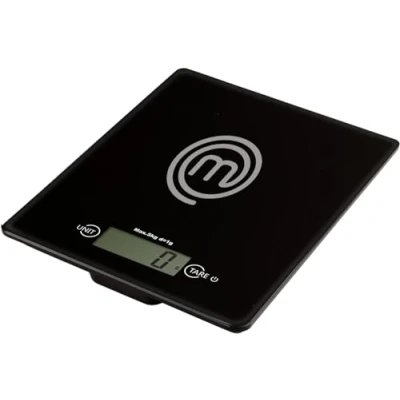 Imagen de MasterChef Bascula de Cocina Digital, Balanza/Peso para la Alimentos y Pastelería, Onzas Gramos (Capacidad 5 kg), Vidrio Templado, Función Tara Auto Apagado, Negro