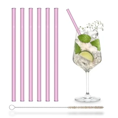Imagen de HALM Rosa Pajitas de Vidrio 6 Unidades 20 cm + Cepillo Limpieza sin Plástico Apto para Lavavajillas Sostenible Sorbetes Cristal Cócteles, Batidos, Jugo