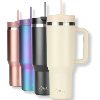 Imagen de Milu Termico con Asa y Pajita 1200ml, Botella de Agua Acero Inoxidable Aislado, Taza térmica, Vaso viaje para café helado, 24h helado / 12h caliente 40oz (Cream, 1200ml)