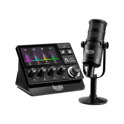 Imagen de Hercules Stream Essentials Kit de streaming profesional con controlador 200 XLR, micrófono XLR HXD 700 y 3 meses Voicemod Pro