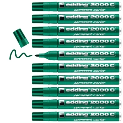 Imagen de edding 2000 C marcador permanente verde 10 rotuladores punta redonda 1,5 3 mm indeleble de secado rápido resistente al agua y a los borrones cartón, plástico, madera, metal universal
