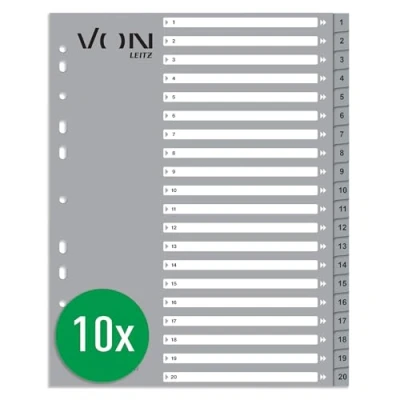 Imagen de VON 12720085 Paquete de 10 separadores numerados para carpetas A4 del 1 al 20, polipropileno, extra ancho, índice universal 11 agujeros archivos y anillas, color gris