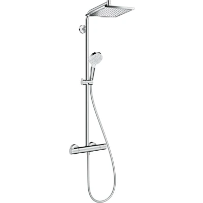 Imagen de hansgrohe Crometta E sistema de ducha con termostato, lluvia (240 x 240 mm) grifo, mano (2 tipos chorro), flexo, barra, fija rectangular, cromo, 27271000