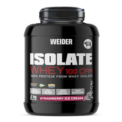 Imagen de Weider Isolate Whey 100CFM, 100% Aislado de Proteína Suero, Cero Azúcar y Aspartamo, Sabor Helado Fresa Bote 2 kg