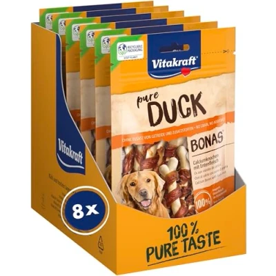 Imagen de Vitakraft Snacks de Carne, Duck Bonas, golosinas para Perros, sin Cereales, Huesos Calcio con Carne Pato, en Bolsa resellable, azúcar añadido (8 x 80 g)