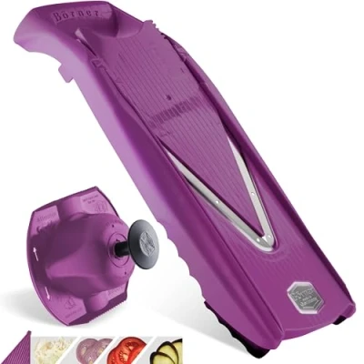 Imagen de Börner V5 PowerLine Cortador de verduras Set Básico (3 piezas) y frutas (Mandolina en V) + soporte 4 grosores corte Rallador (Morado)
