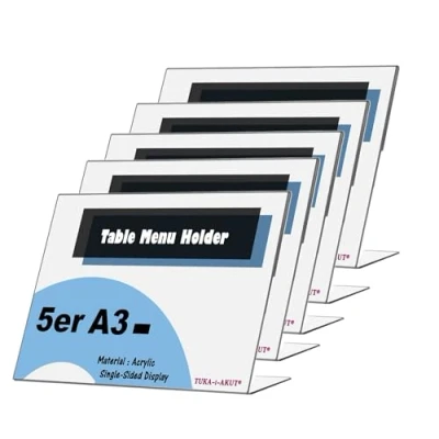 Imagen de TUKA 5x Expositor de Mesa, A3 transversal, 3mm Acrílico Transparente, inclinado Soporte sobremesa, Titular para Letreros Folletos, Carteles, Fotos y Menús, Porta TKD8201