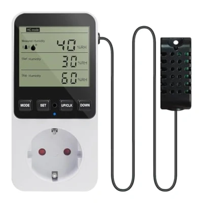 Imagen de regulador de humedad enchufe higrostato con sonda, temperatura, 230 V, interruptor temperatura alarma, digital, para deshumidificador,