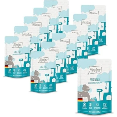 Imagen de MjAMjAM comida húmeda premium para gatos Quetschie Cabrito tierno con deliciosas zanahorias, pack de 12 (12 x 125 g), sin cereales extra carne
