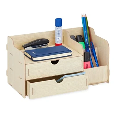 Imagen de Relaxdays Organizador Escritorio Cajones y Compartimentos, Portalápices, 17 x 33 19 cm, Caja Oficina, Marrón Claro, Tablero de Fibras
