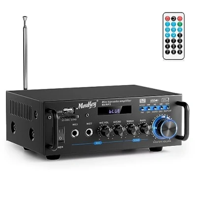 Imagen de Moukey Amplificador Audio Estéreo 2.0 Canales Receptor, 100W Bluetooth 5.0, HiFi, Radio FM Portátil, RCA, SD Card/USB Input, para Hogar o Coche, MAMP3