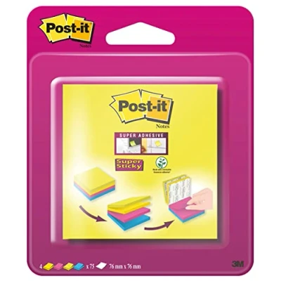 Imagen de Post it Super Sticky Bloc de notas adhesivas (76 x 76 mm, 75 hojas en 4 colores, bloques)