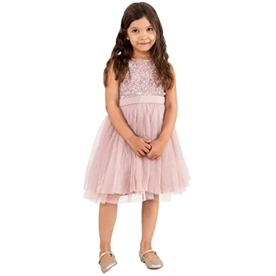 Imagen de Maya Deluxe Vestido Midi para Niñas con Lentejuelas Adornadas Fiesta, Tutú, Damas de Honor, Boda Lazo Cinturón, Rosa Esmerilado, 5 6 Años