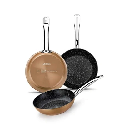 Imagen de MONIX Copper Set de 3 Sartenes 20 24 28 cm, Efecto Cobre, Aluminio Forjado Antiadherente con Partículas Titanio, Aptas para Todo Tipo Cocinas incluso Inducción