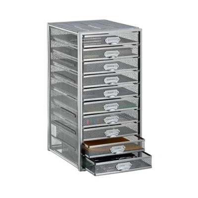 Imagen de Relaxdays Organizador Escritorio con 10 Cajones para Documentos A4, Acero, Plateado, 55 x 27,5 35,5 cm