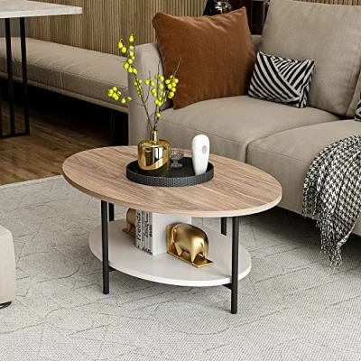 Imagen de [en.casa] Mesa de Centro con Estante Auxiliar para Sala Espera Ovalada Uso Versátil Aglomerado/Metal 36 x 90 60 cm Roble/Blanco