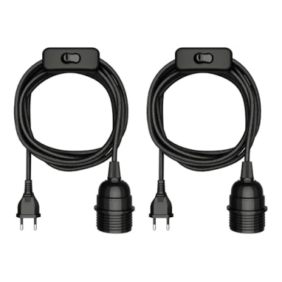 Imagen de ledscom.de 2 piezas cable textil LEKA, enchufe, interruptor, negro, 3 m, portalámparas, 1x E27 máx. 60W
