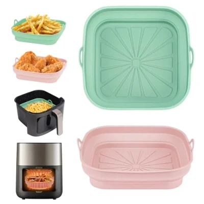 Imagen de Alyvisun Moldes Silicona Freidora de Aire, 2 Piezas Bandeja Accesorios para sin Aceite Reutilizable Recipientes Cuadrado Cesta Utensilios Air Fryer, Microondas, Horno (Rosa+Verde)