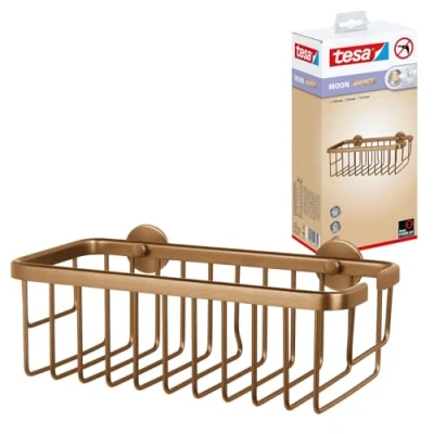 Imagen de tesa MOON Cesta de Ducha Autoadhesiva Canasta 1 Nivel, Extra Profunda, Metal Revestido PVD, Cepillada en Bronce sin Taladrar, Incluye Solución Adhesiva 92 mm x 250 125
