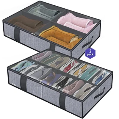 Imagen de homyfort Organizador de calzado para debajo la cama (tamaño grande, 14 + 4 compartimentos), Titular Zapata Bolsas organizadoras Zapatos, Plegable, 86x60x15 cm, Gris Lino, XDUBS14S4