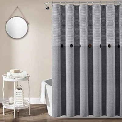 Imagen de Lush Decor 16T005473 Cortina de Ducha algodón Tejido Lino Gris, Rayas botón Granja, teñido Hilo (72 Pulgadas x 72 Pulgadas)