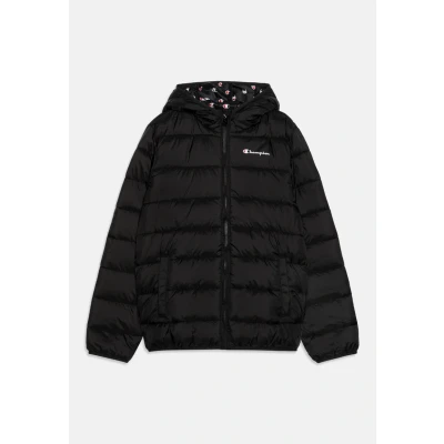Imagen de Champion Script SHOP Hooded Contrast Small LOGO Unisex Chaqueta de invierno para niños, Talla: 7 8a, Black