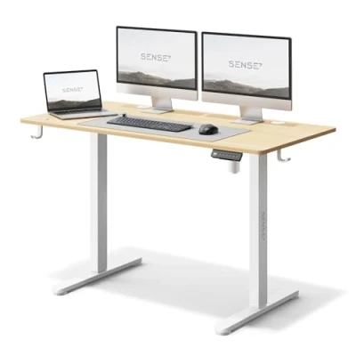 Imagen de SENSE7 Escritorio Ajustable en Altura eléctrico NOJO, de pie 120x60, Mesa PC con Memoria, Bandeja para Cables, Ganchos, Ajuste silencioso, White Pine