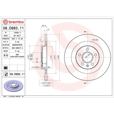 Imagen de BREMBO 08.D883.11 Disco de freno 302 12 5 macizo revestido altamente carbonizado VOLVO: XC40