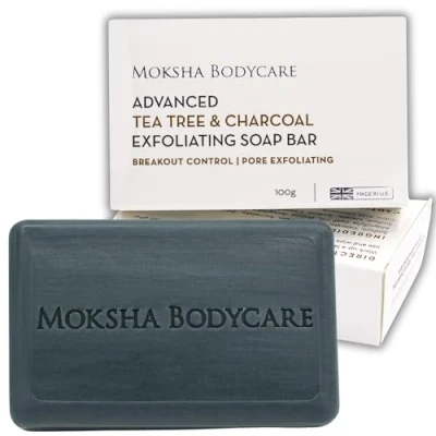 Imagen de Jabón exfoliante de aceite árbol té y carbón vegetal [Hecho en Reino Unido] corporal para manchas, puntos negros, espinillas, imperfecciones piel grasa, sin parabenos ni