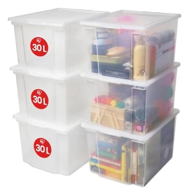Imagen de Iris Ohyama, cajas de almacenamiento plástico con tapa 30L, Lote 6 grandes apilables, Sin BPA, Cuarto lavado, Oficina, USB M, Transparente A42 x F35,5 A26,5 cm