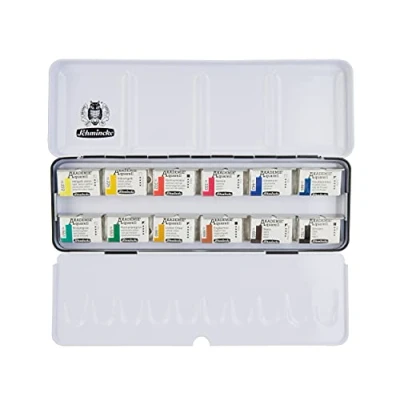 Imagen de Schmincke caja de acuarelas AKADEMIE®, surtido básico 12 godets x 1/1, 75 312 097, metálica, colores muy resistentes a la luz, finas para artistas
