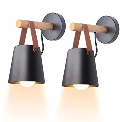 Imagen de iDEGU 2 Piezas Lámparas de Pared Retro Aplique Interior en Madera y Metal Iluminación E27 Moderno Luz Colgante para dormitorio pasillo Sala Estar (Negro)