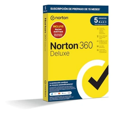 Imagen de Norton 360 Deluxe AntiTrack 2024 Antivirus Software para 5 Dispositivos y 15 Meses de Suscripción con Renovación Automática, Dark Web Monitoring, Secure VPN Gestor Contraseñas