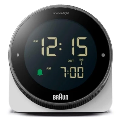 Imagen de Braun Reloj Despertador Digital controlado por Radio para Zona horaria de Europa Central (DCF), Pantalla LCD inversa, Bisel Giratorio Ajuste rápido la Hora, Blanco, Modelo BC24W DCF