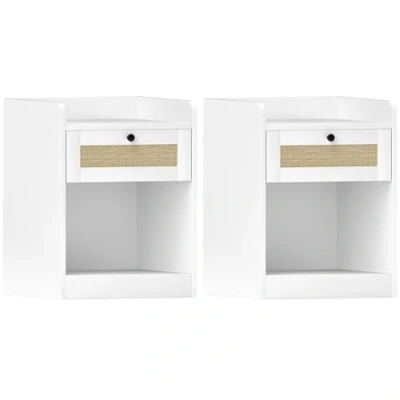 Imagen de HOMCOM Juego de 2 Mesitas Noche Mesillas para Dormitorio con Cajón Frontal Ratán Mesas Habitación Hogar 40x40x53 cm Blanco
