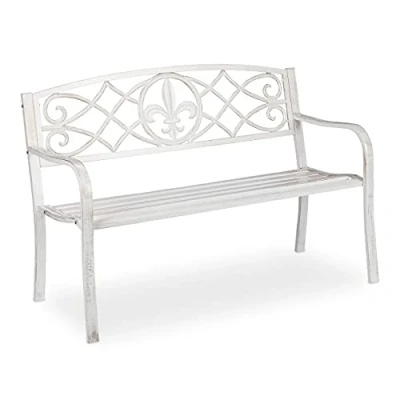 Imagen de Relaxdays 0 Jardín, Banco Parque Metal, Asiento Respaldo de Hierro Fundido, Exterior, 86x127x57 cm, Blanco y Bronce, 1 Pieza