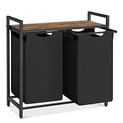 Imagen de VASAGLE Cesto para Ropa Sucia, Cesta Colada, 2 Bolsas Colada de Tela Oxford Extraíble y Desmontable, Estante, Marco Metálico, x 46 L, 73 33 72 cm, Marrón Rústico Negro BLH201B01