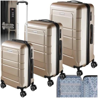 Imagen de TecTake® Juego de Maletas Apilables, 3 Piezas, Plástico ABS Resistente, Viaje con Ruedas Giratorias 360, Maleta Cabina, Mediana, Grande, TSA Champán