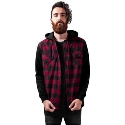 Imagen de Urban Classics Hooded Checked Flanell Sweat Sleeve Shirt Sudadera, Multicolor (blk/Burgundy/blk 798), S para Hombre