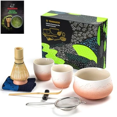 Imagen de TEANAGOO Juego de Matcha Batidor Tazón con pico vertedor Cuchara Matcha. té japonés (7pcs) + 2 tazas (5.6oz),S35,Gradient Pink White