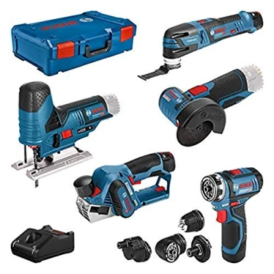 Imagen de Bosch Professional 12V atornillador GSR 15 FC +cepillo GHO 20 +amoladora GWS 76 +sierra de calar GST 70 +multiherramienta GOP 28 (3 baterías, XL BOXX)