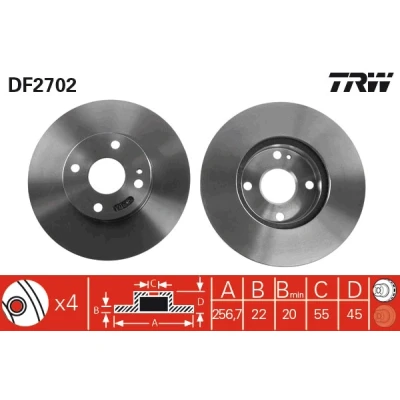 Imagen de TRW DF2702 Disco de freno 257 22 4 100 ventilado barnizado MAZDA: MX 3, 5 2, I