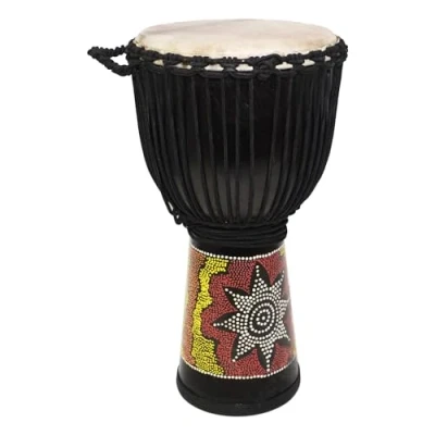 Imagen de a Star Tambor Africano Djembe Pintado Colorido de 12 Pulgadas Auténtico Hecho Mano, Cuerda Afinada, Cabeza Piel Natural 60 cm Altura, 30 Diámetro