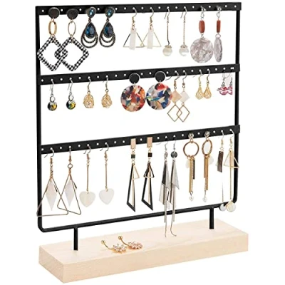 Imagen de iYInJuan Colgador de Pendientes, Soporte Organizador Para Pendientes Colgar, Expositor Metal con Base Madera, 69 Agujeros y 3 Capas Negro, Collares, Tachas