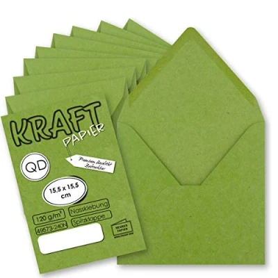 Imagen de 50 sobres vintage cuadrados de papel estraza verde claro (verde), sostenibles, 15,5 x cm, adhesivo húmedo con solapa en punta NEUSER PAPIER