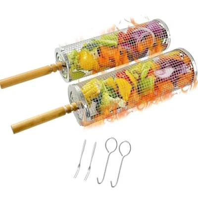 Imagen de Gerbala Cesta de Parrilla Rodante para al Aire Libre, Cestas Anidadas, Paquete 2 con Asas Madera Extraíbles Barbacoa, Jaulas Barbacoa Acero Inoxidable 304