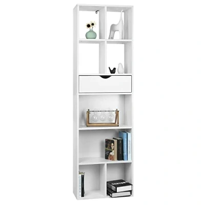Imagen de EUGAD Libreria Blanca con Cajón y Cubos Abiertos, Estanteria de Almacenamiento para Libros, Marcos Fotos Colecciones, 6 Niveles Salón, Dormitorio Oficina, 50x24x168 cm