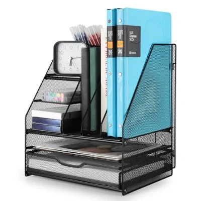 Imagen de Cinnani Organizador de escritorio grande metal 5 niveles con estante metal, bandeja oficina apilable, cajón para carpetas y revistas.