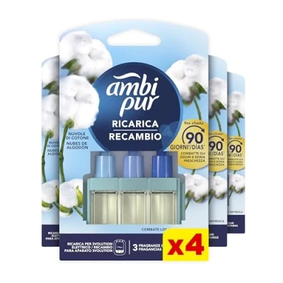 Imagen de Ambipur 3Volution Algodon Recambio de Ambientador Electrico, 4 Unidades, 3 Aromas Que Se Alternan Para Eliminar Olores, Aroma Nubes